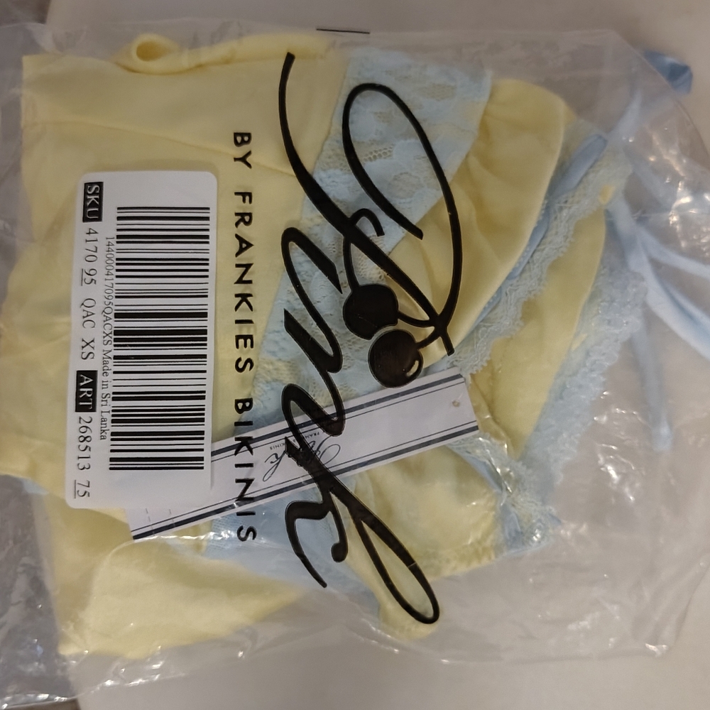 Frankie's Bikinis Yellow Satin Mini Slip Dress with Pale Blue Trim VS - Picture 5 of 8